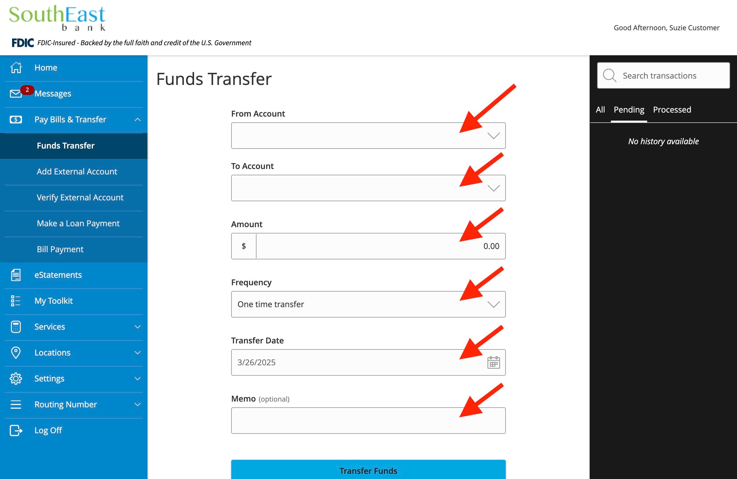 southeast bank online banking internal transfers selecting your options